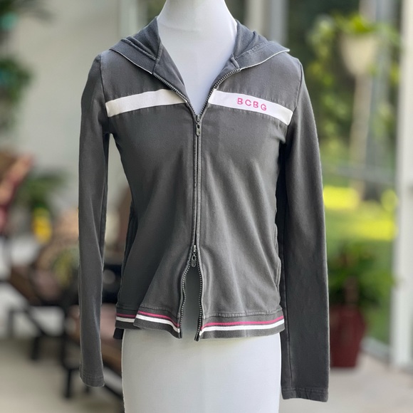 BCBG Max Azaria Hooded Jacket Large LG L Grey White and Pink Stripes - Picture 2 of 11